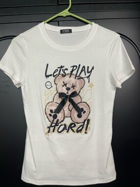 Women's  White Rhinestone Bear Graphic Tee Size S
